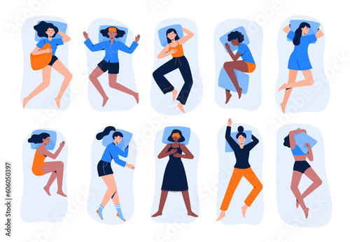 Set of multiracial sleeping women. Women lying in various poses during dream on bed. Nap or night sleeping positions. Vector illustrations in flat style.