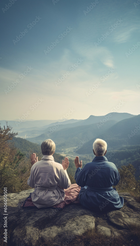 Elderly senior couple meditating in the mountains, back view, AI generated.