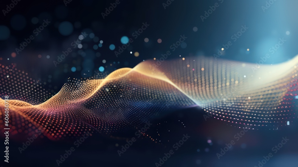 Abstract waving particle technology background. Abstract wave moving dots flow particles, hi-tech and big data background design for brochures, flyers, magazine, business card, banner. AI generation