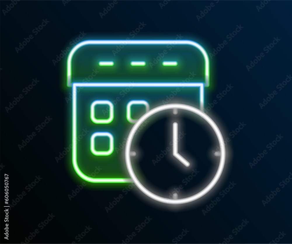Glowing neon line Calendar and clock icon isolated on black background. Schedule, appointment, organizer, timesheet, time management. Colorful outline concept. Vector Glowing neon line Calendar and clock icon isolated on black background. Schedule, appointment, organizer, timesheet, time management. Colorful outline concept. Vector