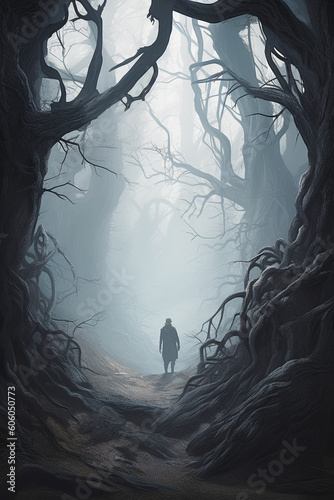 wanderer walks through a dark misty forest, Generative AI