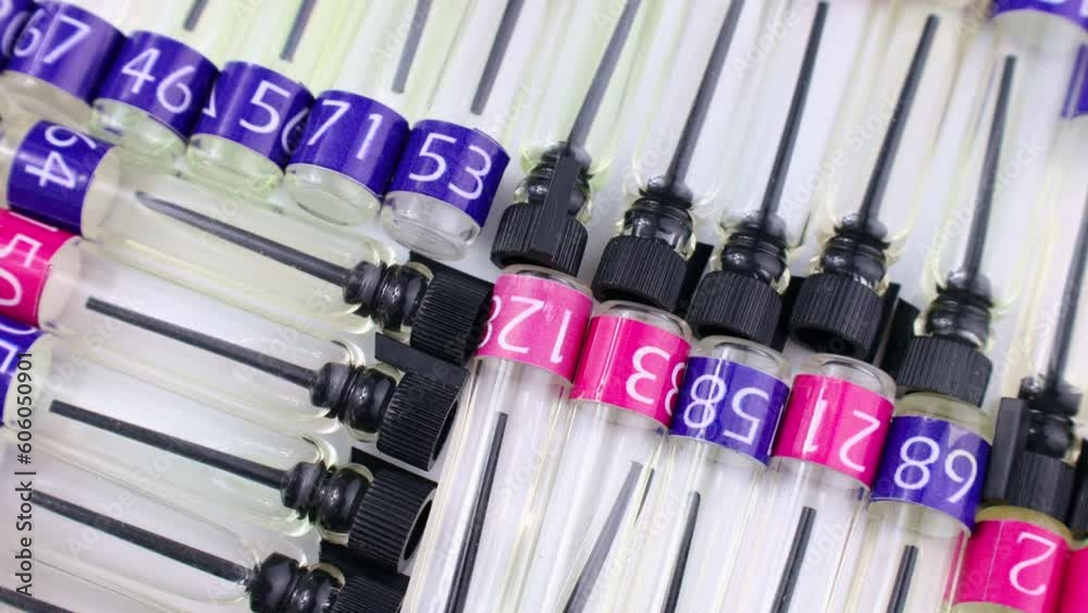 Many perfume samples, colognes and fragrances tester bottles circle rotation close up top view