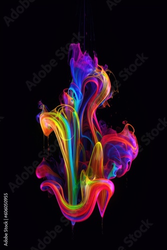Multicolored neon paint in water on a black background. AI generated. Colorful phone wallpaper.