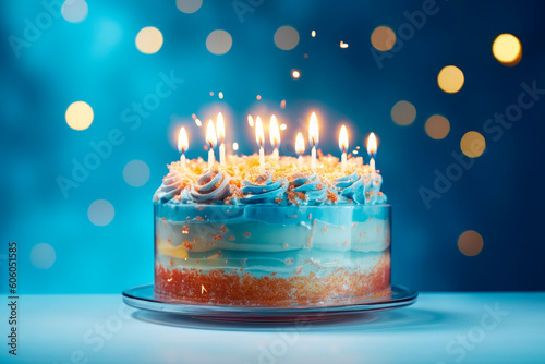 Birthday cake with sparkling candles on blue background. AI generated