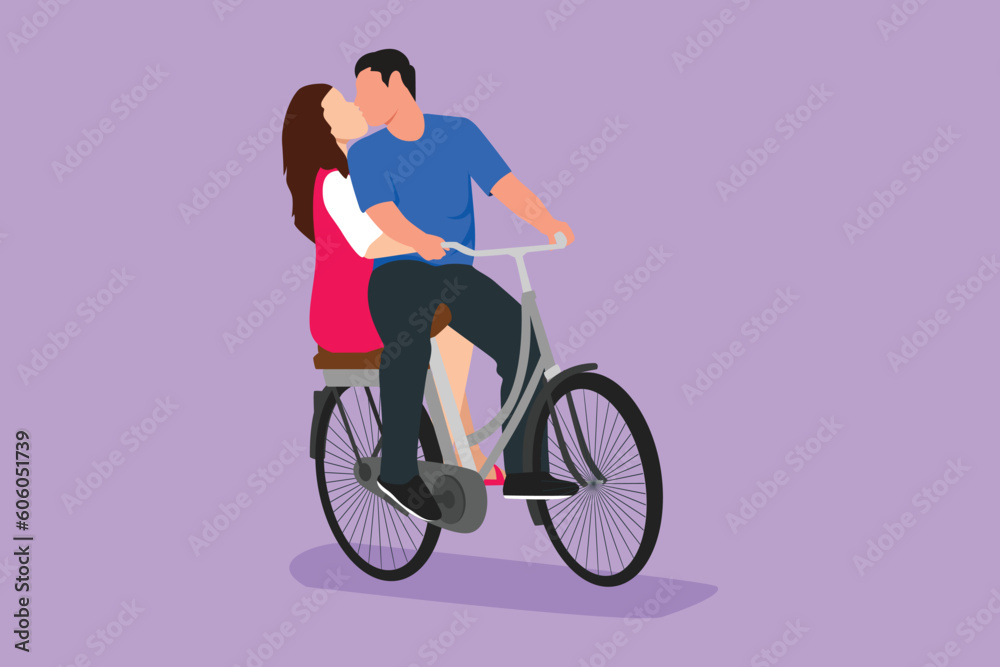 Graphic flat design drawing young loving couple cycling and kissing each other. Romantic human relation, love story, newlywed family in honeymoon traveling adventure. Cartoon style vector illustration Graphic flat design drawing young loving couple cycling and kissing each other. Romantic human relation, love story, newlywed family in honeymoon traveling adventure. Cartoon style vector illustration