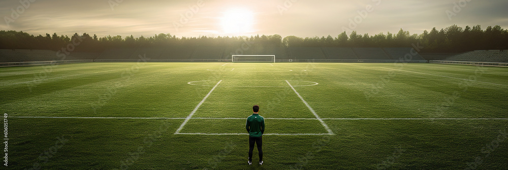 Soccer Player Standing in Center of a Green Soccer Grass Field Stadium. Confident Athlete Football Team Member Ready for Game Action. generative ai