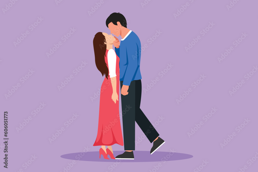 Cartoon flat style drawing dominant relationship. Romantic couple in love kissing and hugging. Happy handsome man and pretty woman celebrating wedding anniversary. Graphic design vector illustration Cartoon flat style drawing dominant relationship. Romantic couple in love kissing and hugging. Happy handsome man and pretty woman celebrating wedding anniversary. Graphic design vector illustration