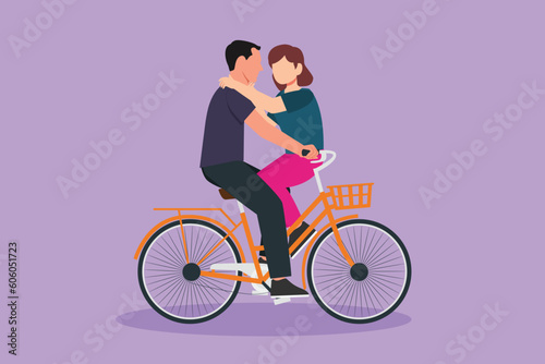 Graphic flat design drawing of romantic couple riding on bike together. Happy man and woman cyclist hugging and kissing each other. People enjoying outdoors activity. Cartoon style vector illustration © onetime