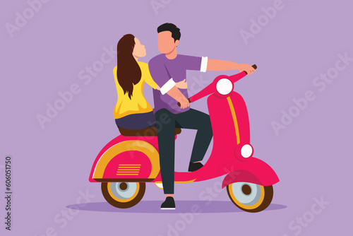 Character flat drawing couple with scooter vintage, pre-wedding concept. Happy man and cute woman with motorcycle, amorous relationship. Romantic road trip, journey. Cartoon design vector illustration