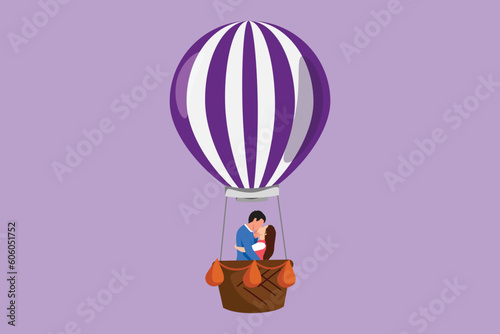 Graphic flat design drawing of lovely romantic couple kissing in hot air balloon in sky and clouds, amorous relationship man and woman. Romantic road trip or journey. Cartoon style vector illustration
