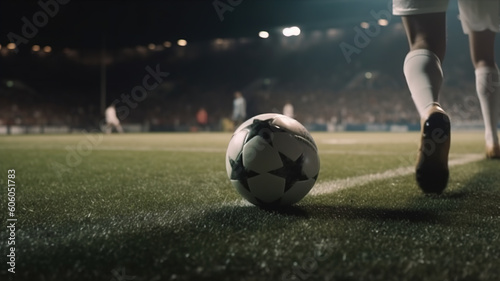 Soccer Player in Action, Kicking Ball for Winning Goal in Vibrant Stadium, Close-Up of Foot Striking Soccer Ball in Motion, Professional Footballer Showcasing Skill and Det. generative ai