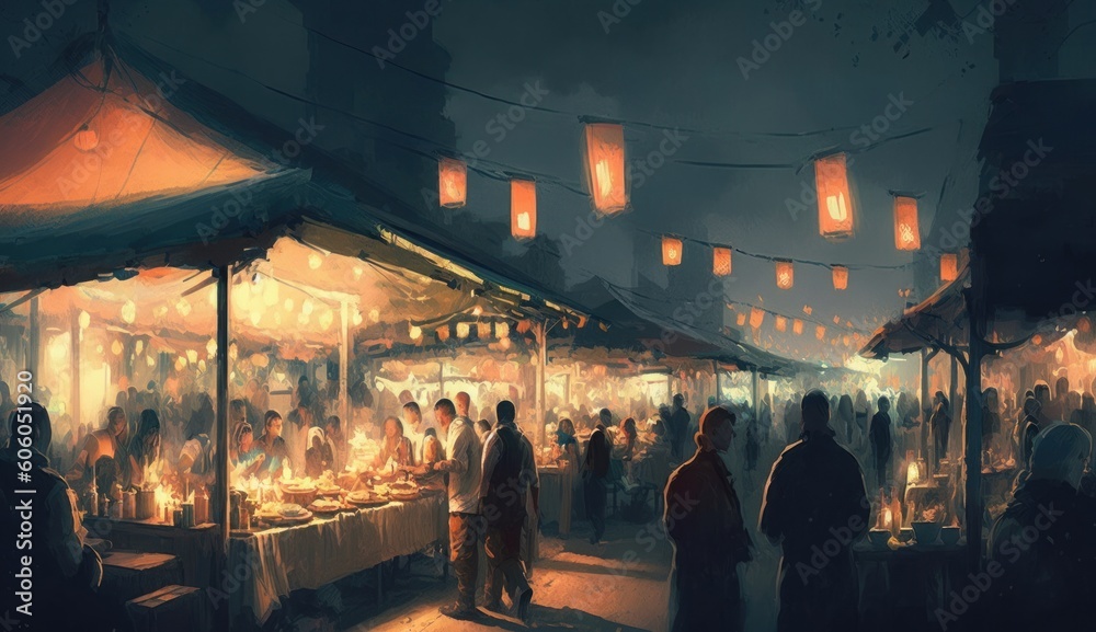 crowd of people walking in the market at night, digital painting, Generative AI