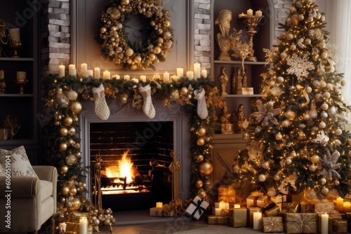 Christmas background with burning candles in front of fireplace and Christmas tree AI generated