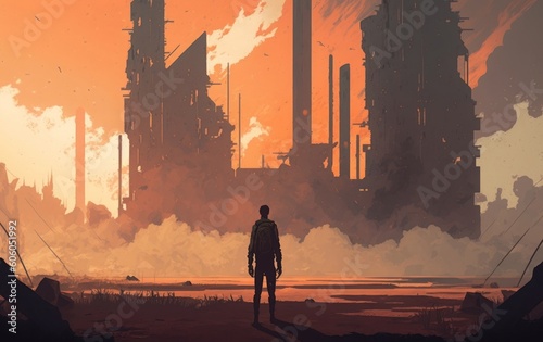 man standing at abandoned city, illustration painting, Generative AI © MG