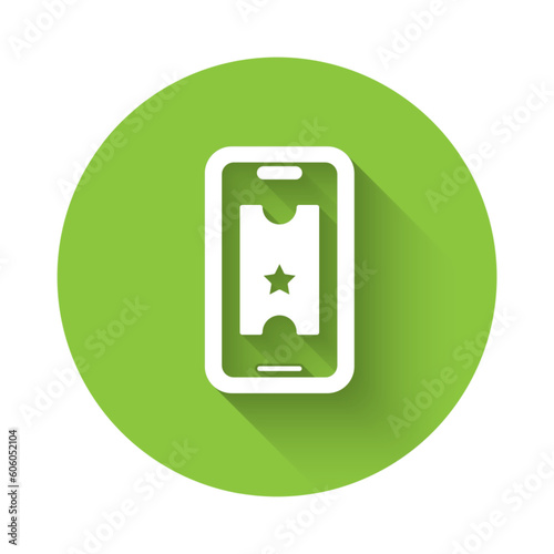 White Buy cinema ticket online icon isolated with long shadow background. Service Concept. Green circle button. Vector