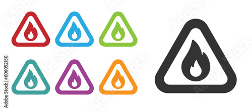 Black Fire flame in triangle icon isolated on white background. Warning sign of flammable product. Set icons colorful. Vector