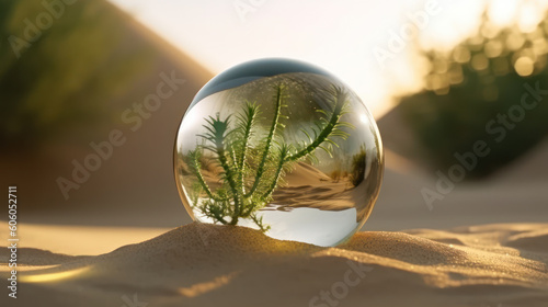 Desert Oasis: A Green Plant Enveloped in a Glass Sphere. Generative AI