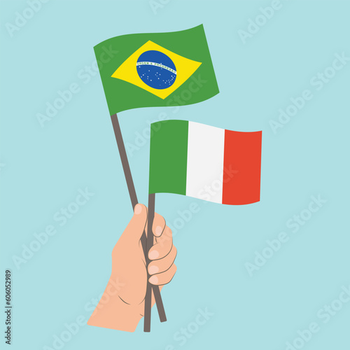 Flags of Brazil and Italy, Hand Holding flags