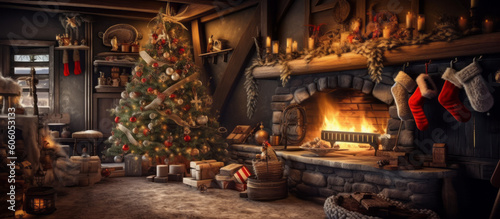 Presents under the Christmas tree, and stockings above the fireplace on Christmas eve. Yuletide. Seasons Greetings. Happy Holidays. Merry Christmas.