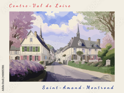 Saint-Amand-Montrond: Postcard design with a scene in France and the city name Saint-Amand-Montrond