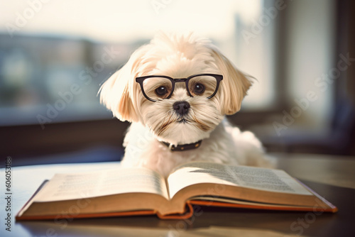 Smart dog with reading glasses and book. Generative AI illustration