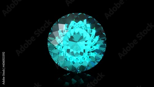 Round portuguese-cut paraiba tourmaline rotating on black glossy background. Seamless loop 3d animation