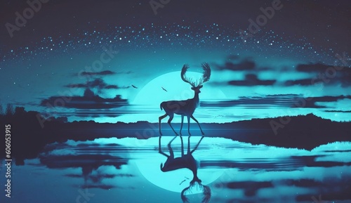 silhouette of the deer walking on water against night sky with blue light, digital art style, illustration painting, Generative AI