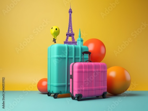 Colorful travel and summer concept with suitcase with colorful background. Generative AI