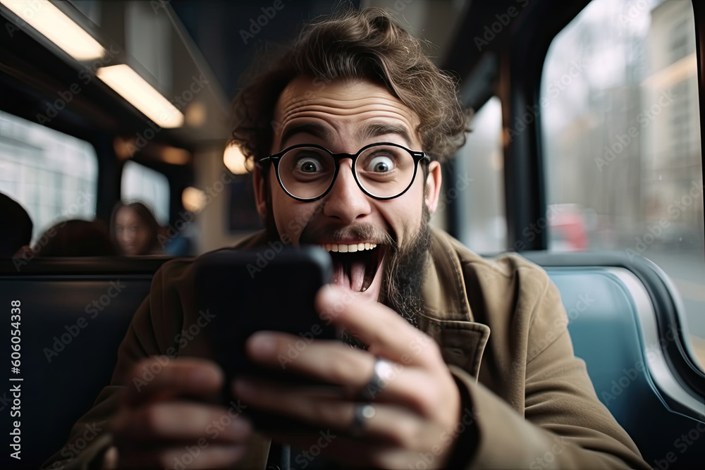 Overjoyed caucasian man looks at smartphone screen with mouth opened in train commuting to work. Excited man looking with wide open eyes into smartphone being shocked, created with Generative AI Overjoyed caucasian man looks at smartphone screen with mouth opened in train commuting to work. Excited man looking with wide open eyes into smartphone being shocked, created with Generative AI