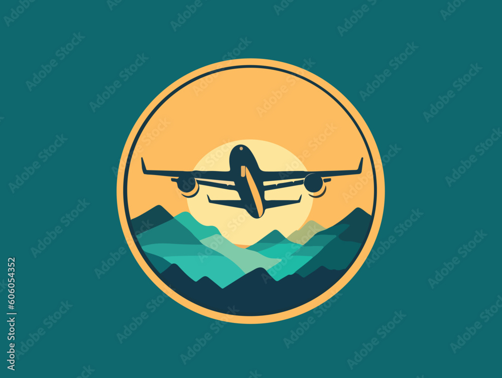 Flat vector logo illustration with passenger liner flying over mountains Flat vector logo illustration with passenger liner flying over mountains