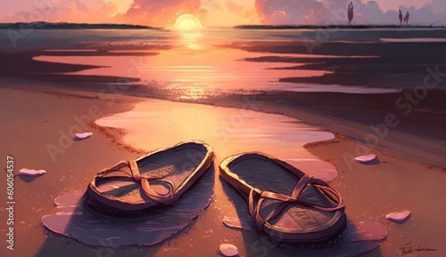 flip flops with lovely hearts on the beach at sunset, digital painting, Generative AI