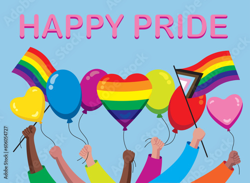 Cartoon style vector illustration of hands holding rainbow flags and colourful balloons with Happy Pride message