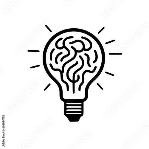 Minimal icon illustration of brain in bulb with transparent background. Black line drawing logo artwork.