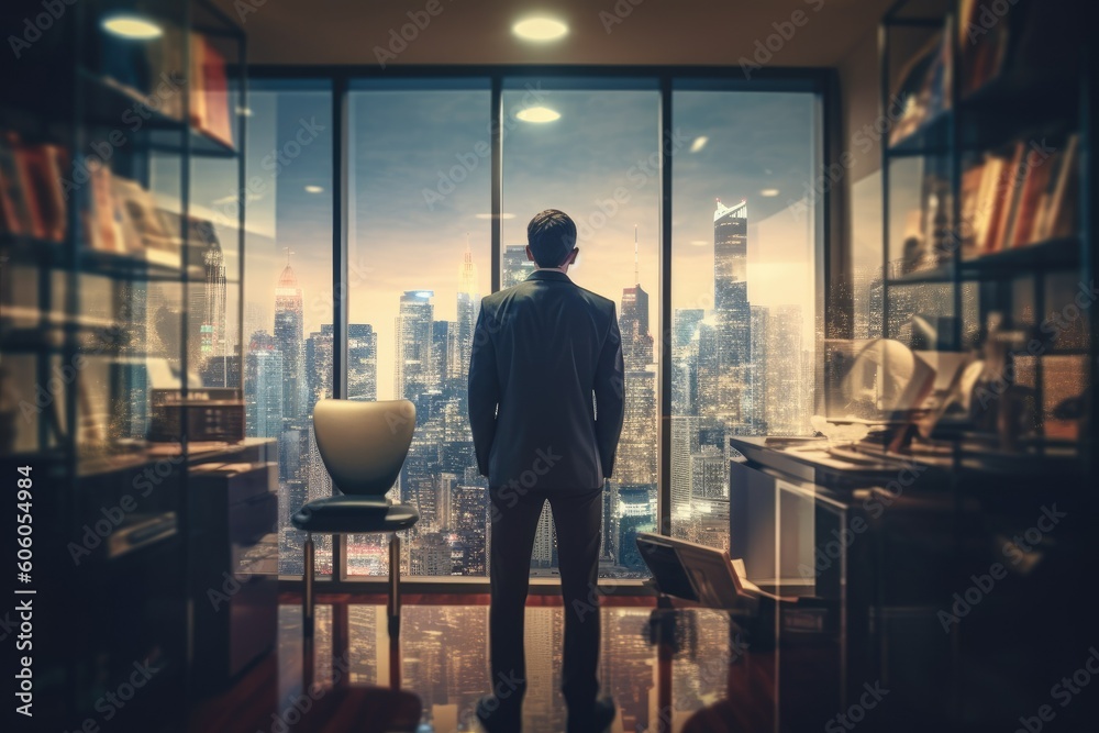 Professional Businessman Standing Thoughtfully by Office Windows Professional Businessman Standing Thoughtfully by Office Windows