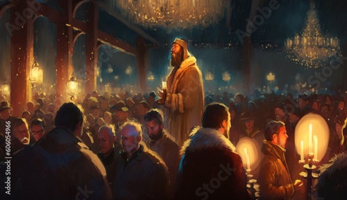 crowd of people praying at holy night, illustration painting, Generative AI