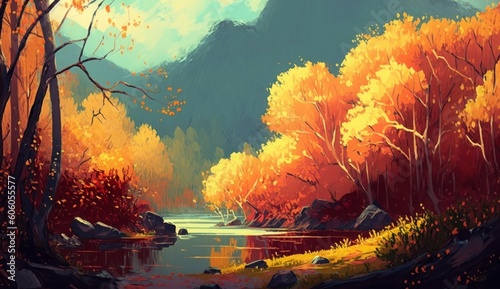 painting of beautiful autumn forest, illustration, Generative AI