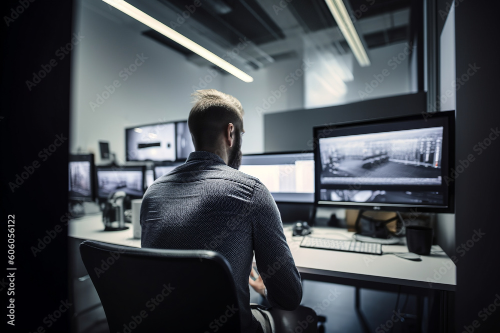 Generative AI illustration of the rear view of an anonymous worker with a beard sitting watching the image on the monitor while working in an office Generative AI illustration of the rear view of an anonymous worker with a beard sitting watching the image on the monitor while working in an office