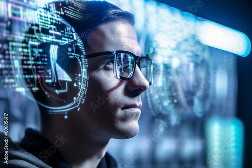 Generative AI illustration of a bespectacled man with thoughts on the latest technology and intelligence sitting with monitors while looking away