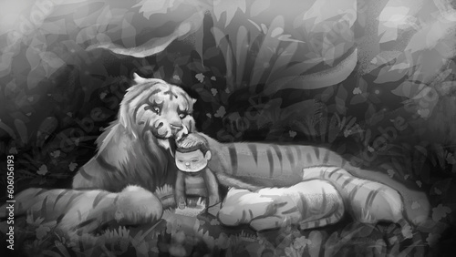  White Tiger Looking After The Human Baby With Her Baby Tigers In Forest, Child