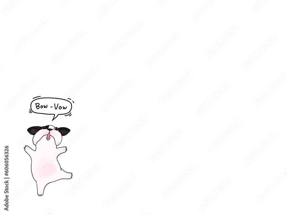 Hand drawn illustrations Cartoon style of French Bulldog breed and calligraphy on white background. Digital painting design for Wallpaper, Print, Card, Cover, Banner, Logo and Web design. Hand drawn illustrations Cartoon style of French Bulldog breed and calligraphy on white background. Digital painting design for Wallpaper, Print, Card, Cover, Banner, Logo and Web design.