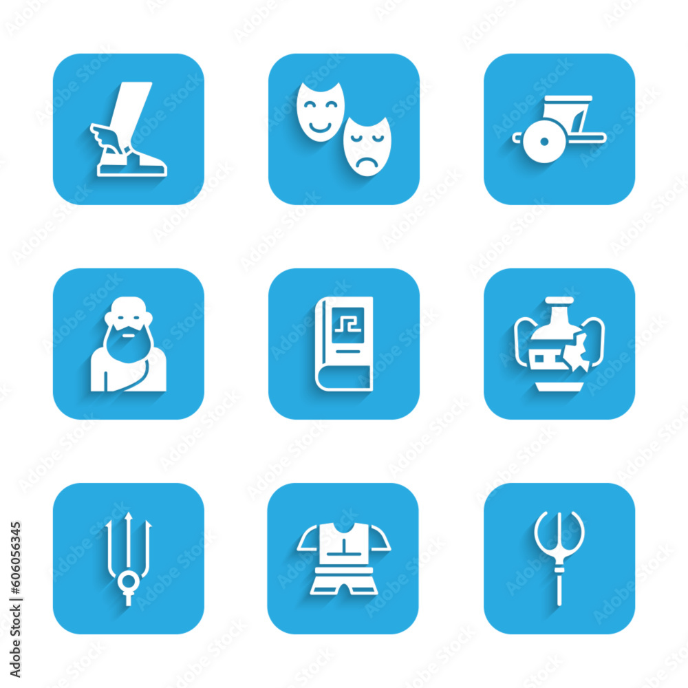 Set Greek history book, Body armor, Neptune Trident, Broken amphorae, Socrates, Ancient chariot and Hermes sandal icon. Vector Set Greek history book, Body armor, Neptune Trident, Broken amphorae, Socrates, Ancient chariot and Hermes sandal icon. Vector