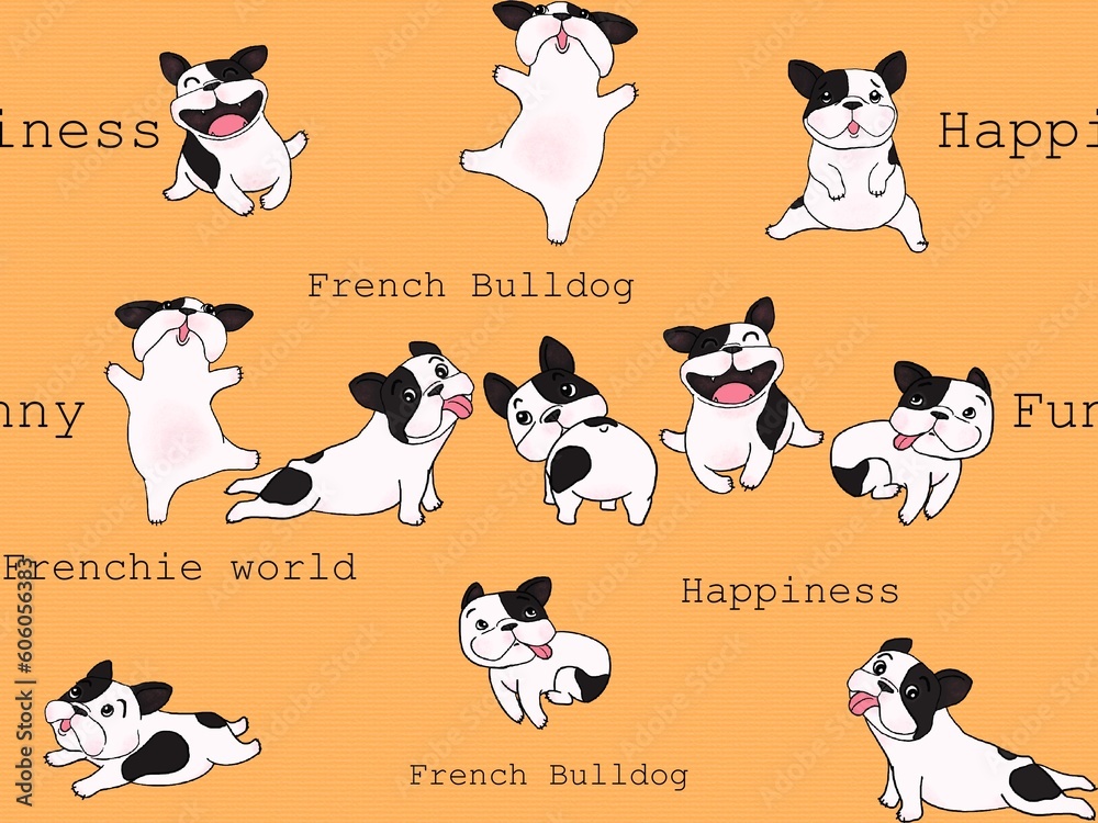 Naklejka premium Hand drawn illustrations Cartoon style of French Bulldog breed and calligraphy on orange background. Design for seamless pattern. Texture for Fabric, Wrapping, Wallpaper, Print, Textile, Advertising .