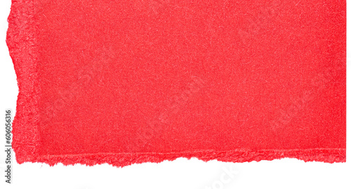 Single piece of isolated ripped blank vivid red paper with copy space for text, top view from above on white or transparent background 