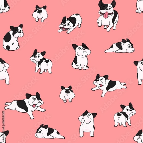 Fototapeta Naklejka Na Ścianę i Meble -  Hand drawn illustrations Cartoon style of French Bulldog breed on peach color background. Design for seamless pattern. Texture for Fabric, Wrapping, Wallpaper, Print, Textile, Background.