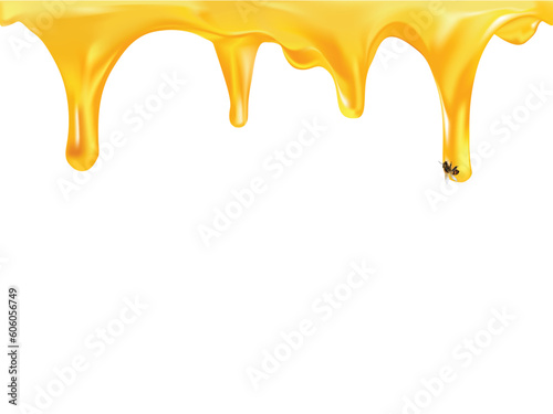 Dripping honey. Golden yellow realistic syrup or juice dripping liquid oil splashes vector template