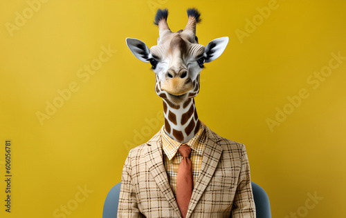 A giraffe-headed woman dressed up in office style. Generative AI. © JulMay