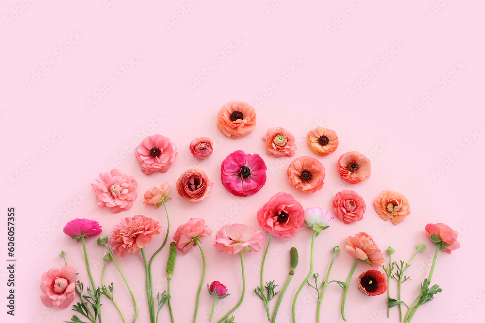 Top view image of pink flowers composition over pastel background - obrazy, fototapety, plakaty 