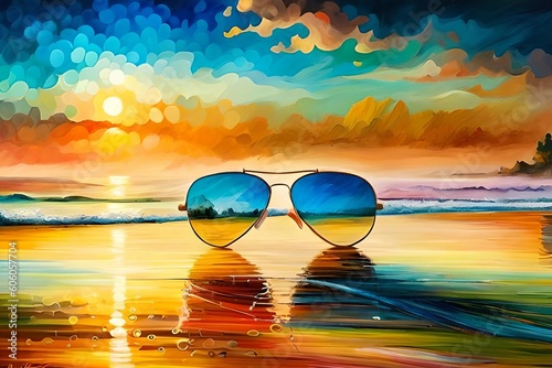 Concept of freedom, escape, and mystery. A summer-themed vibrant illustration of sunglasses on the beach at sunset.