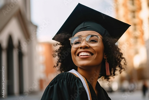 Generative AI illustration of a happy African American young woman with curly hair in a graduation cap and black capped glasses smiling looking away photo