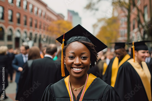 Generative AI illustration of a happy young African American woman graduate in a black graduation cap and tunic looking at the camera and smiling photo